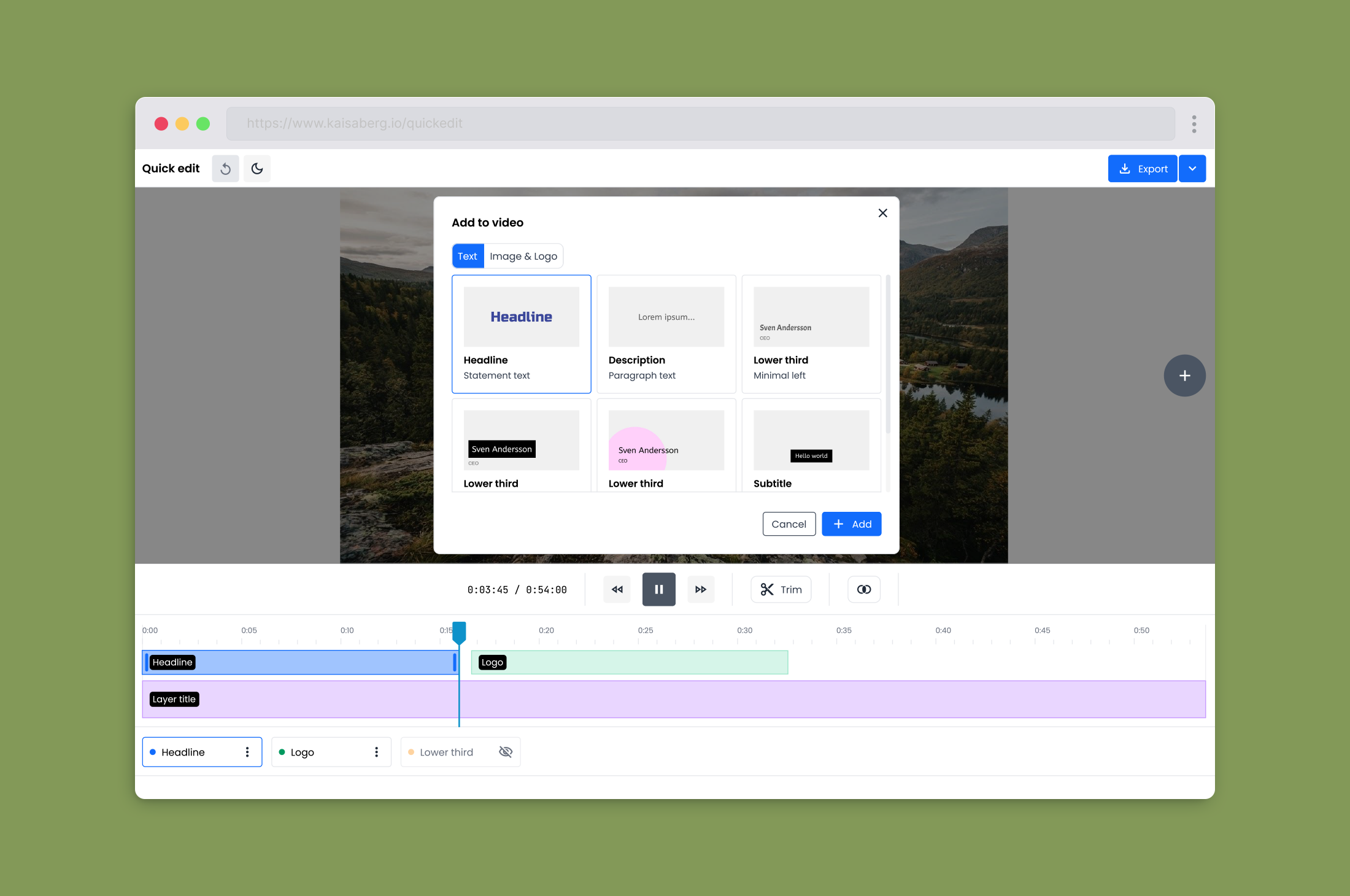Quick Edit add to video dialog